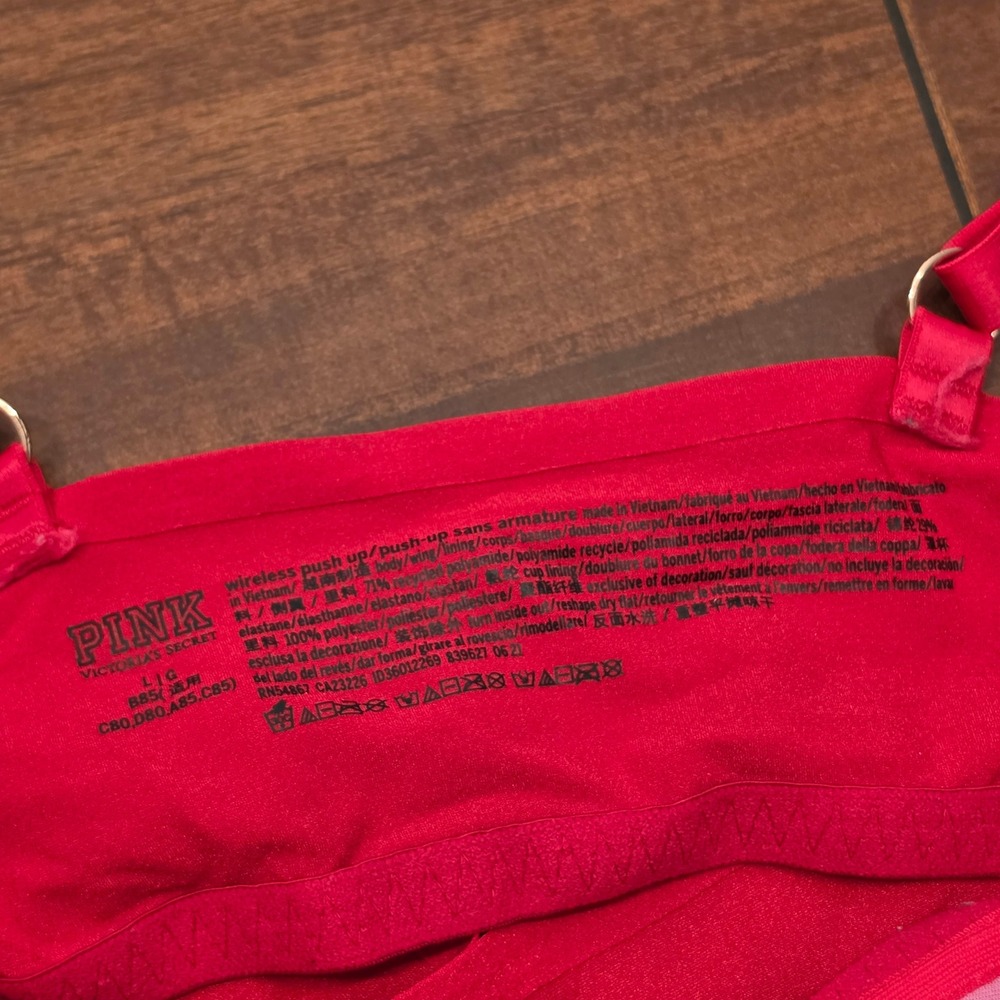 PINK Victoria's Secret Bra Womens L Red Wireless Push Up Seamless Bralette Logo - Picture 4 of 6